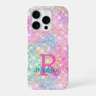 Cute iridescent unicorn pink faux glitter monogram iPhone 16 pro case