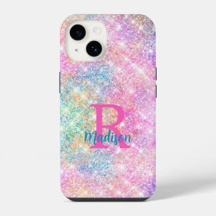 Cute iridescent unicorn pink faux glitter monogram iPhone 14 case