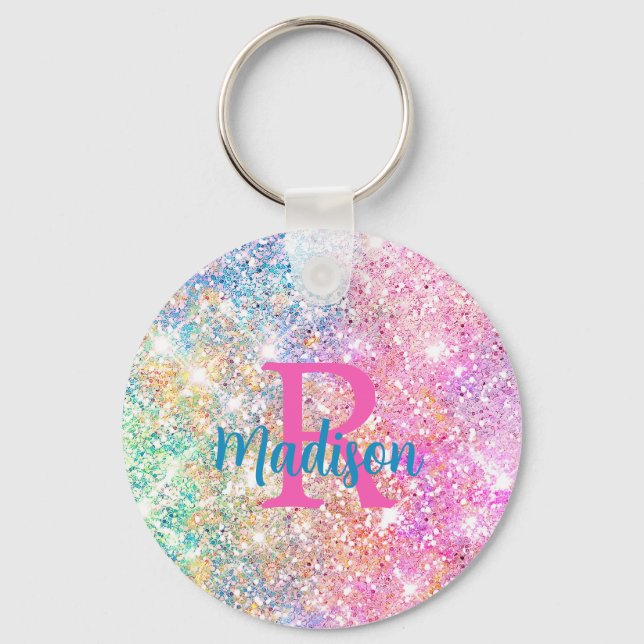 Cute iridescent unicorn pink faux glitter monogram key ring (Front)