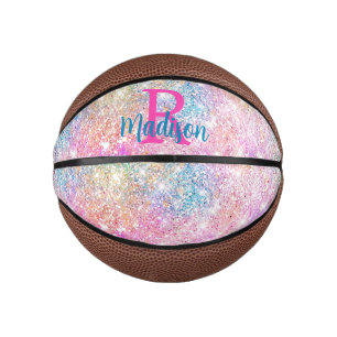 Cute iridescent unicorn pink faux glitter monogram mini basketball