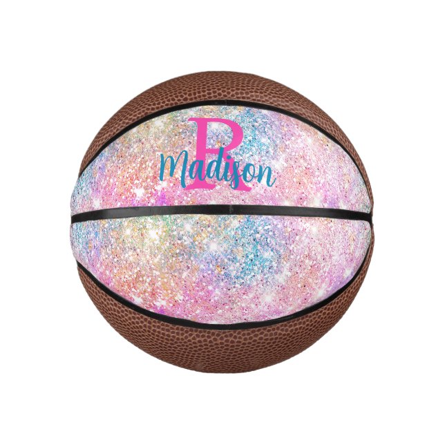 Cute iridescent unicorn pink faux glitter monogram mini basketball (Front)