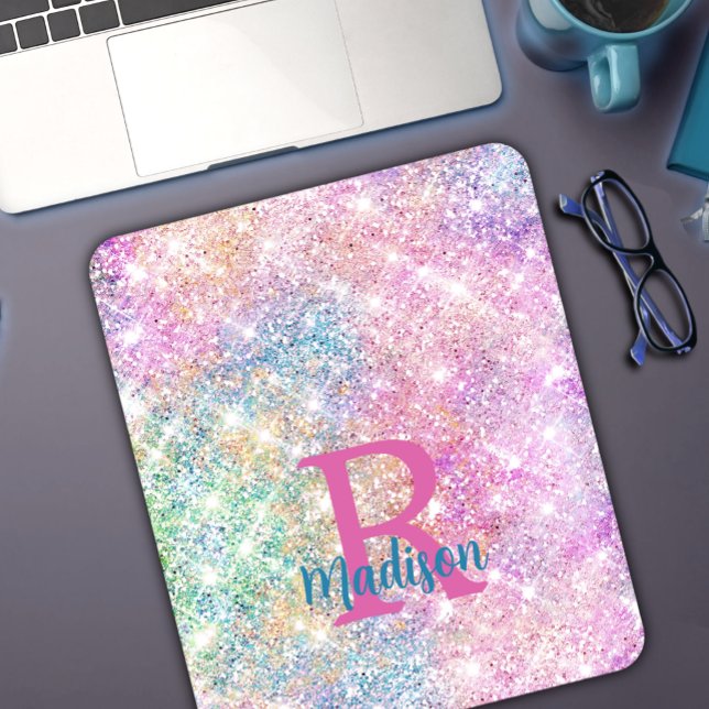 Cute iridescent unicorn pink faux glitter monogram mouse mat (Creator Uploaded)