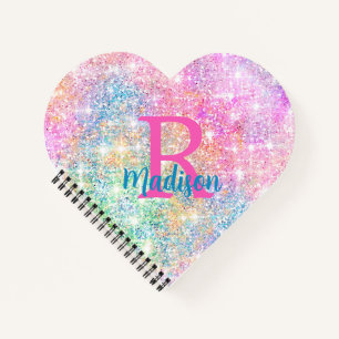 Cute iridescent unicorn pink faux glitter monogram notebook