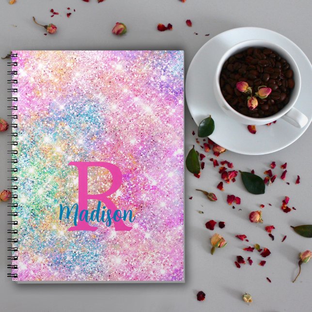 Cute iridescent unicorn pink faux glitter monogram notebook (Creator Uploaded)