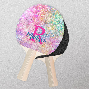 Cute iridescent unicorn pink faux glitter monogram ping pong paddle