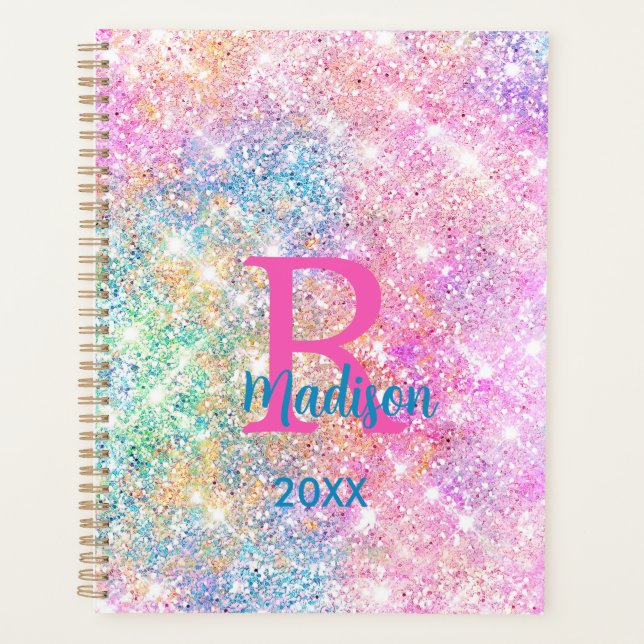 Cute iridescent unicorn pink faux glitter monogram planner (Front)