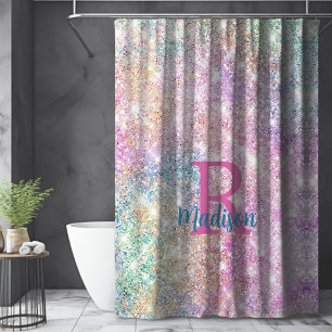 Cute iridescent unicorn pink faux glitter monogram shower curtain