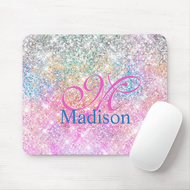 Cute iridescent unicorn pink glitter monogram mouse mat (With Mouse)
