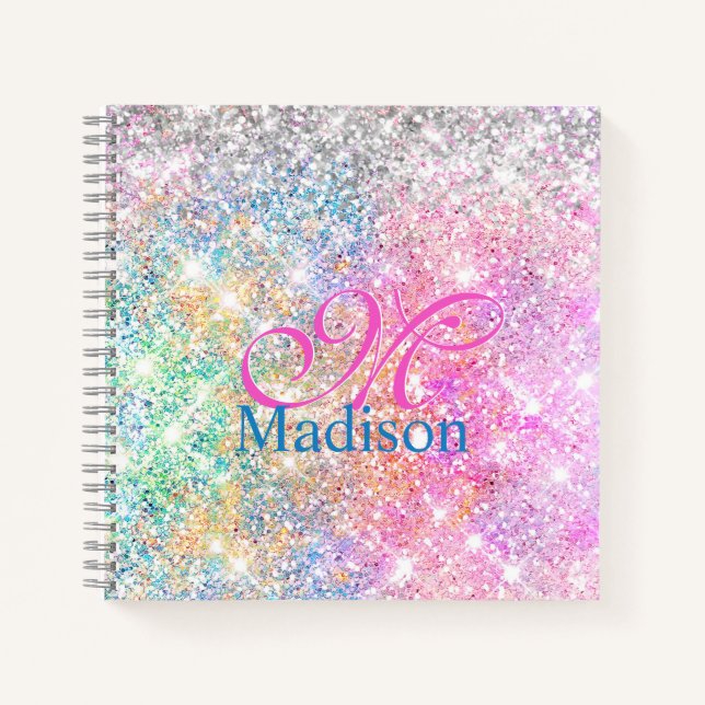 Cute iridescent unicorn pink glitter monogram notebook (Front)