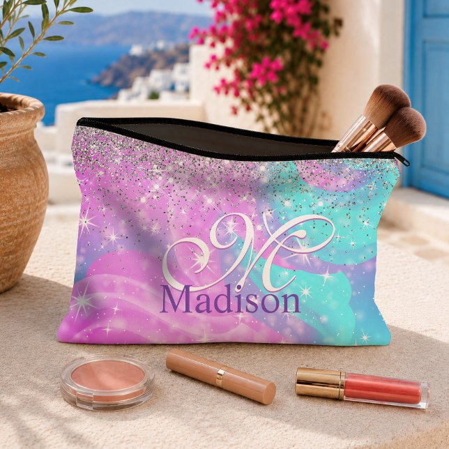 Cute iridescent unicorn silver glitter monogram accessory pouch (Creator Uploaded)