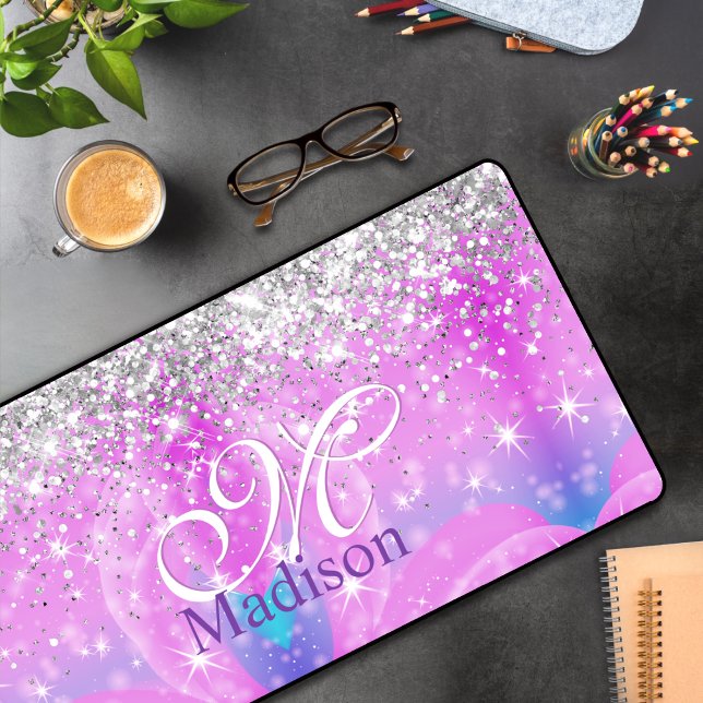 Cute iridescent unicorn silver glitter monogram desk mat (Creator Uploaded)