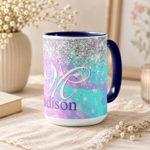 Cute iridescent unicorn silver glitter monogram mug