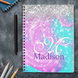Cute iridescent unicorn silver glitter monogram notebook