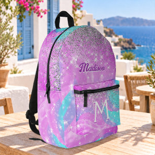 Cute iridescent unicorn silver glitter monogram printed backpack