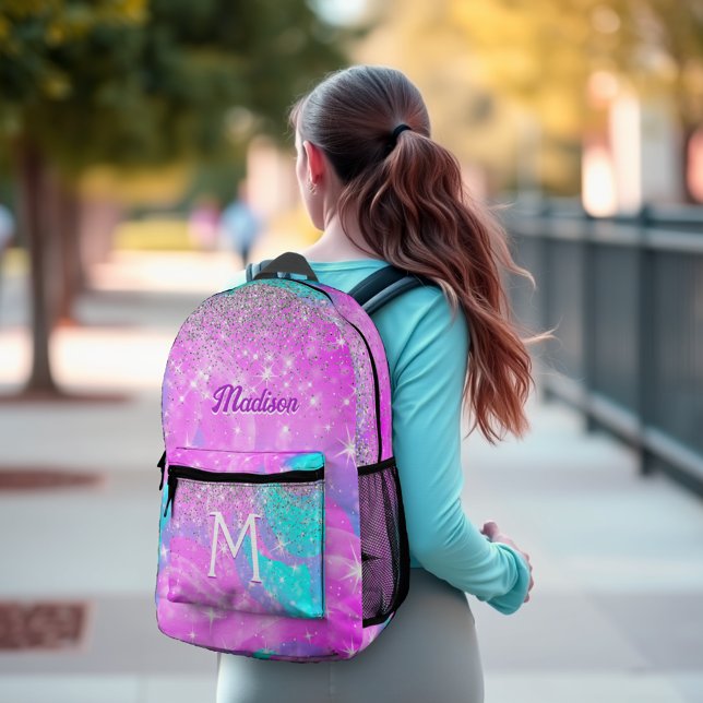 Cute iridescent unicorn silver glitter monogram printed backpack (Creator Uploaded)
