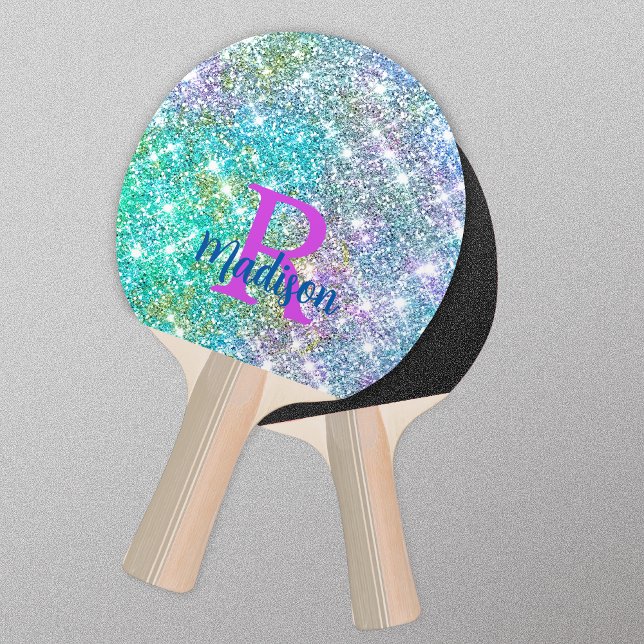 Cute iridescent unicorn turquoise glitter monogram ping pong paddle (Creator Uploaded)