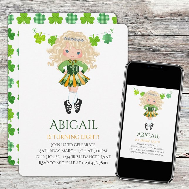 Cute Irish Dance Blonde Girl Shamrocks Birthday Invitation (Creator Uploaded)