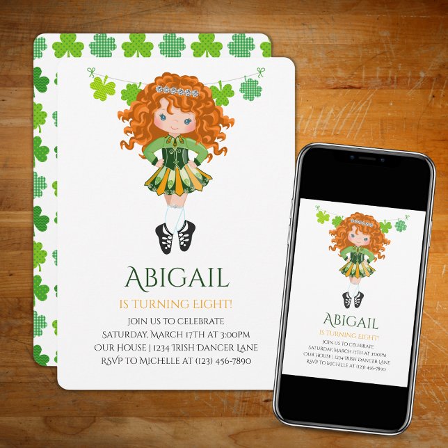 Cute Irish Dance Red Hair Girl Shamrocks Birthday Invitation (Creator Uploaded)