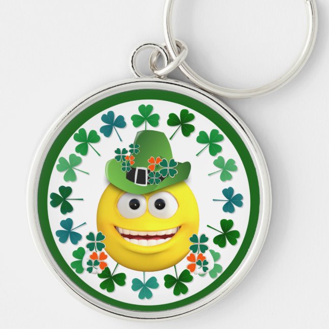 Cute Irish Emoji with Shamrock Key Ring (Front)