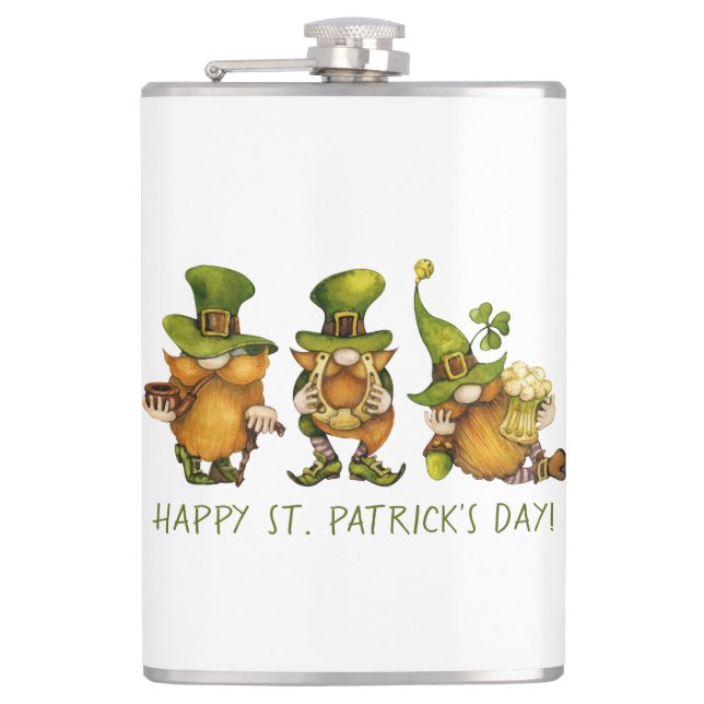 Cute Irish Gnomes Happy St Patrick's Day Hip Flask (Front)