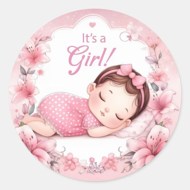 Cute It’s a Girl Baby Announcement  Classic Round Sticker (Front)