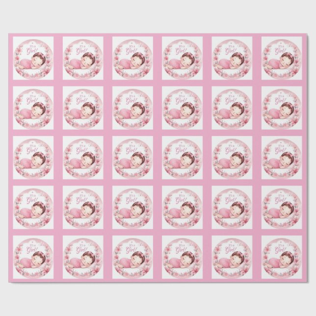 Cute It’s a Girl Baby Announcement  Wrapping Paper (Flat)