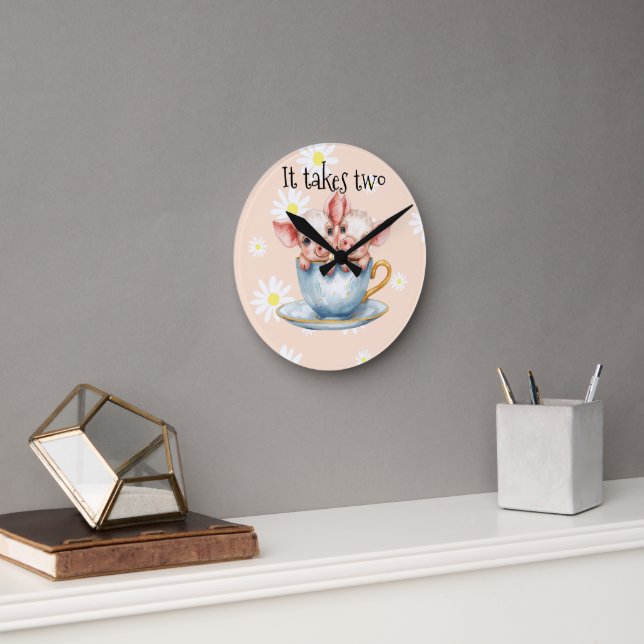 Cute It Takes Two Twin Piglets Round Clock (Office)