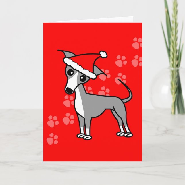 Cute Italian Greyhound Cartoon Red Santa Hat Holiday Card (Front)