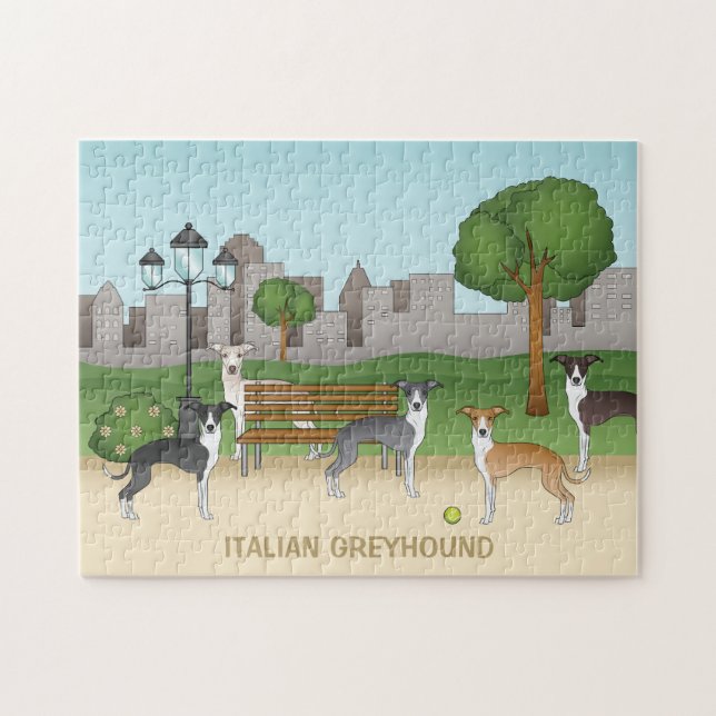 Cute Italian Greyhound Dogs In A Park Cartoon Art Jigsaw Puzzle (Horizontal)