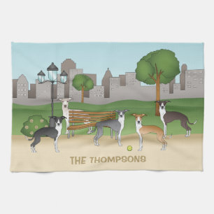 Cute Italian Greyhound Dogs In A Park Cartoon Art Tea Towel