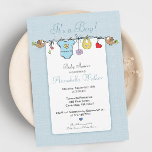 Cute It's A Boy Clothesline Baby Shower Invitation