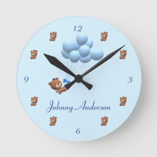 Cute It's a Boy Teddy Bear and Balloons Theme Round Clock
