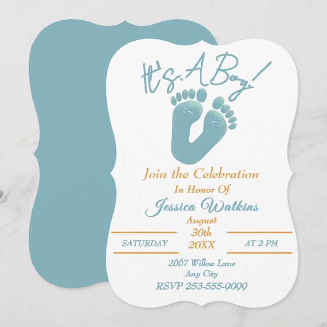 Cute It's A Boy Tiny Blue Feet Baby Shower Invitation (Front/Back)