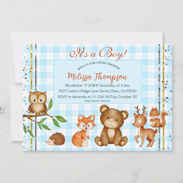 Cute It's a Boy Woodland Animals Forest Friends Invitation (Front)
