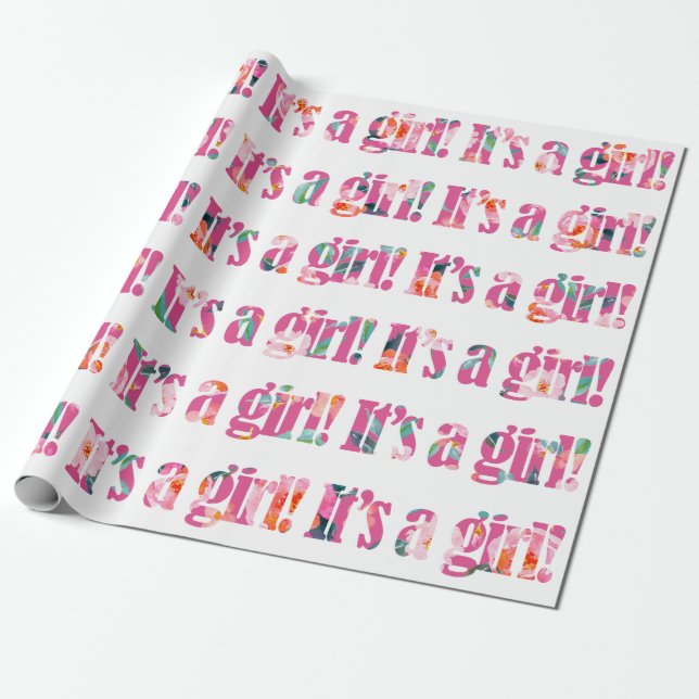 Cute It's A Girl | Pale Magenta Floral Pattern Wrapping Paper (Unrolled)