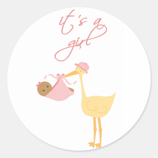 Cute it's a girl pink stork holding baby stickers (Front)