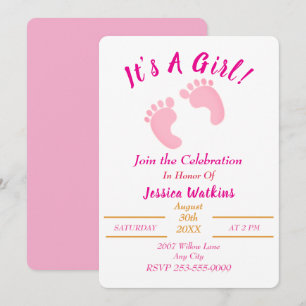 Cute It's A Girl Tiny Pink Feet Baby Shower Invitation