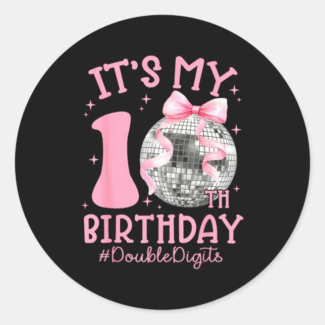 Cute It's My 10th Birthday Girl Coquette Bow Disco Classic Round Sticker (Front)