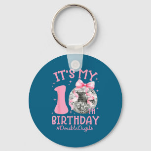 Cute It's My 10th Birthday Girl Coquette Bow Disco Key Ring