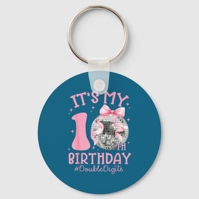 Cute It's My 10th Birthday Girl Coquette Bow Disco Key Ring (Front)