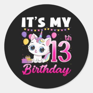 Cute It's My 13th Birthday Cat Unicorn 13 Years Ol Classic Round Sticker