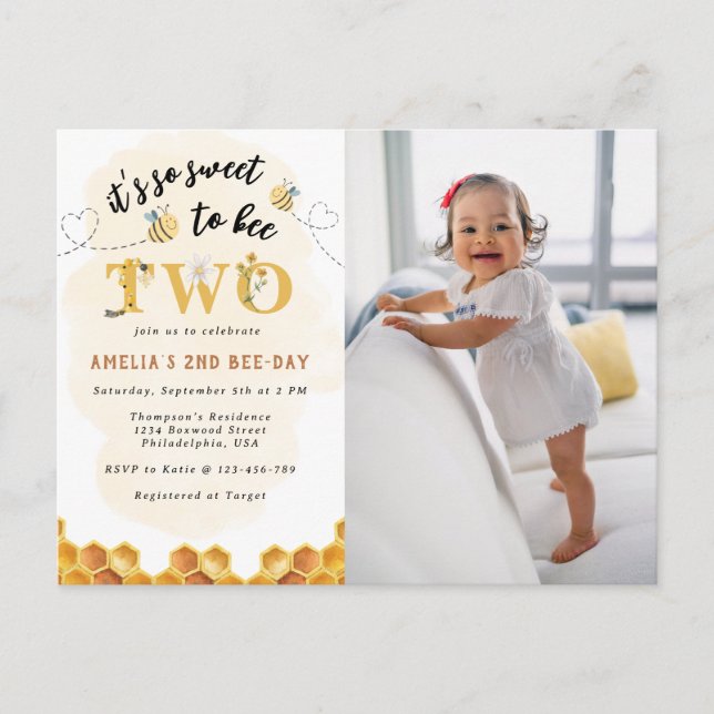Cute Its so Sweet to bee Two Birthday Invitation Postcard (Front)