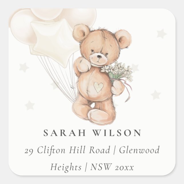 Cute Ivory Bear Balloon Floral Bunch Heart Address Square Sticker (Front)