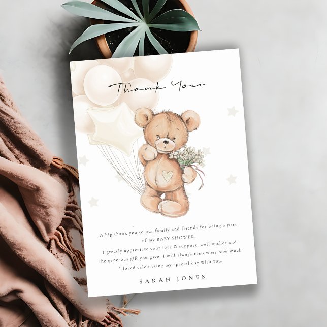 Cute Ivory Bear Bearly Wait Balloon Baby Shower Thank You Card (Creator Uploaded)
