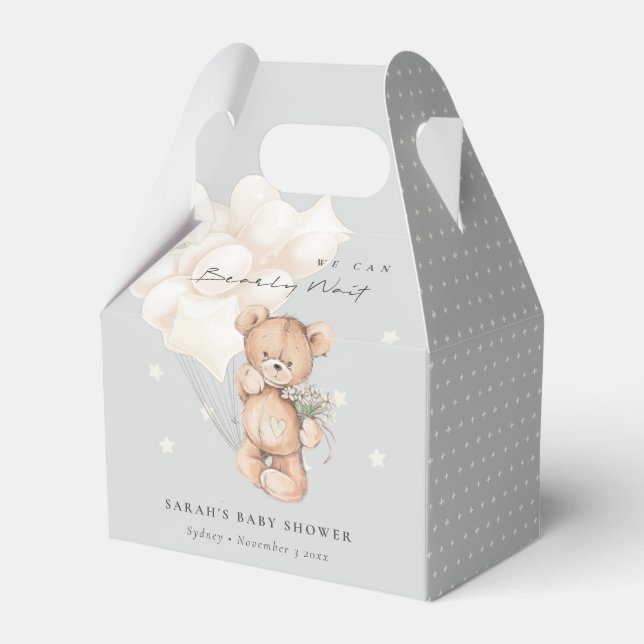 Cute Ivory Bearly Wait Bear Balloon Baby Shower Favour Box (Front Side)