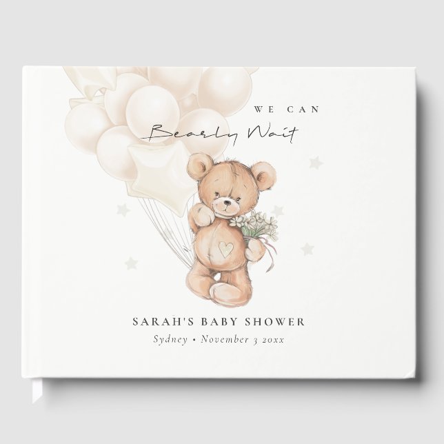 Cute Ivory Bearly Wait Bear Balloon Baby Shower Guest Book (Front)