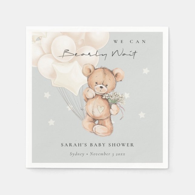 Cute Ivory Bearly Wait Bear Balloon Baby Shower Napkin (Front)
