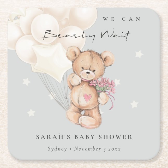 Cute Ivory Bearly Wait Bear Balloon Baby Shower Square Paper Coaster (Front)