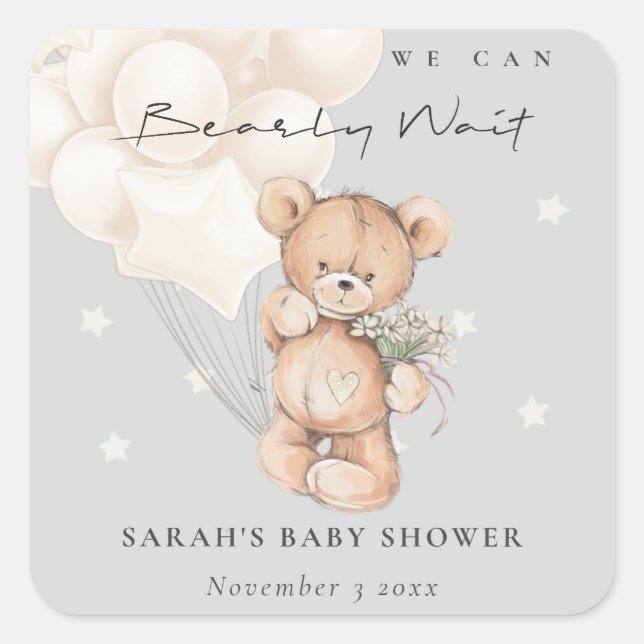 Cute Ivory Bearly Wait Bear Balloon Baby Shower Square Sticker (Front)