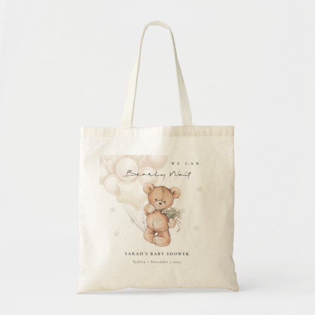 Cute Ivory Bearly Wait Bear Balloon Baby Shower Tote Bag (Front)